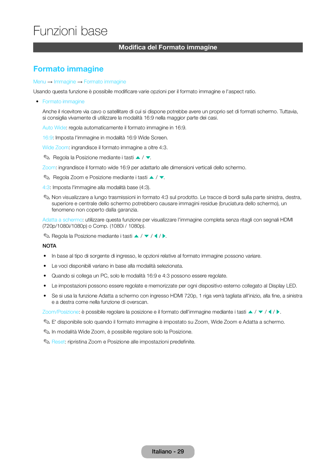 Samsung LT28C570EW/EN manual Modifica del Formato immagine, Menu → Immagine → Formato immagine 