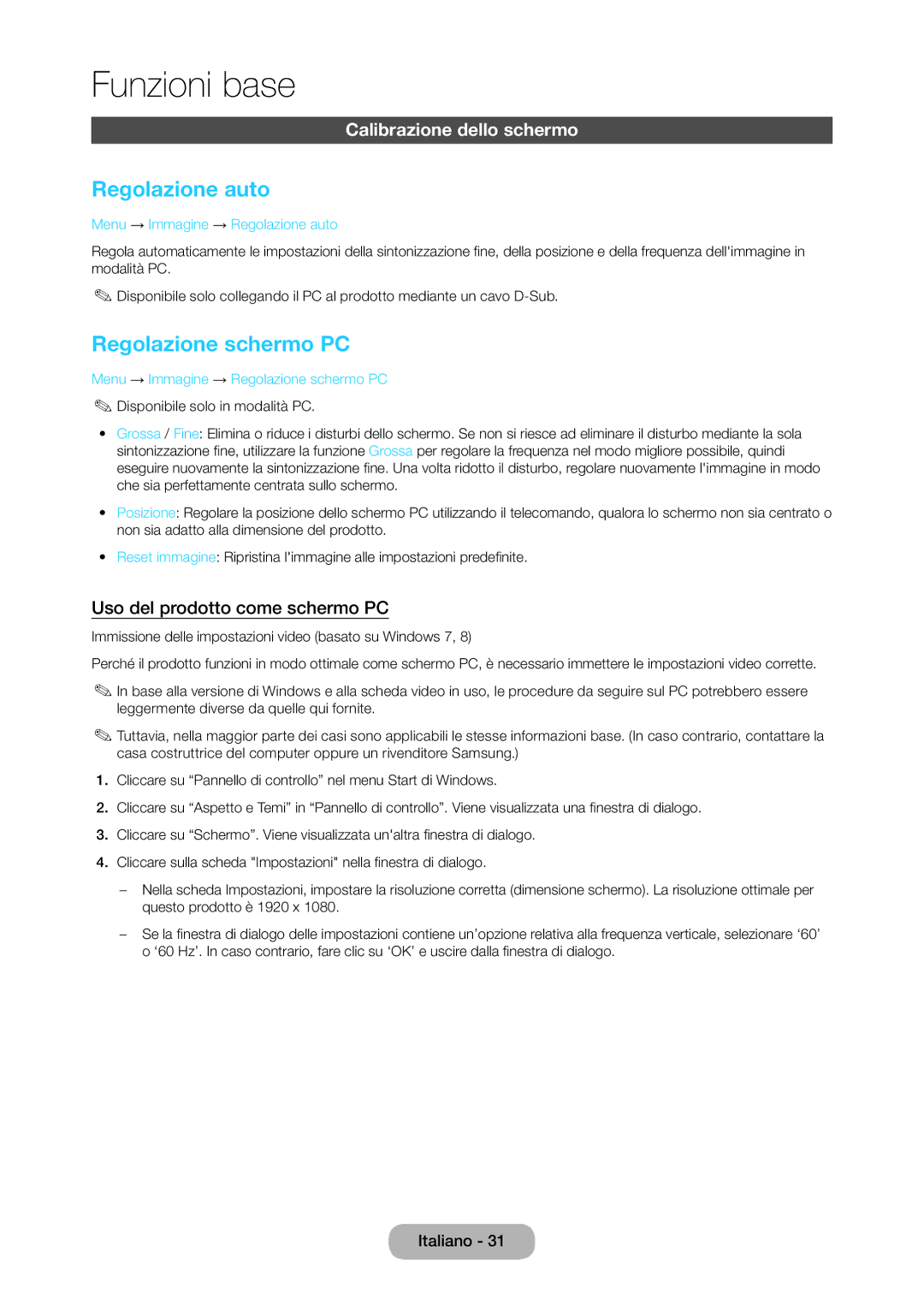 Samsung LT28C570EW/EN manual Regolazione auto, Regolazione schermo PC, Calibrazione dello schermo 