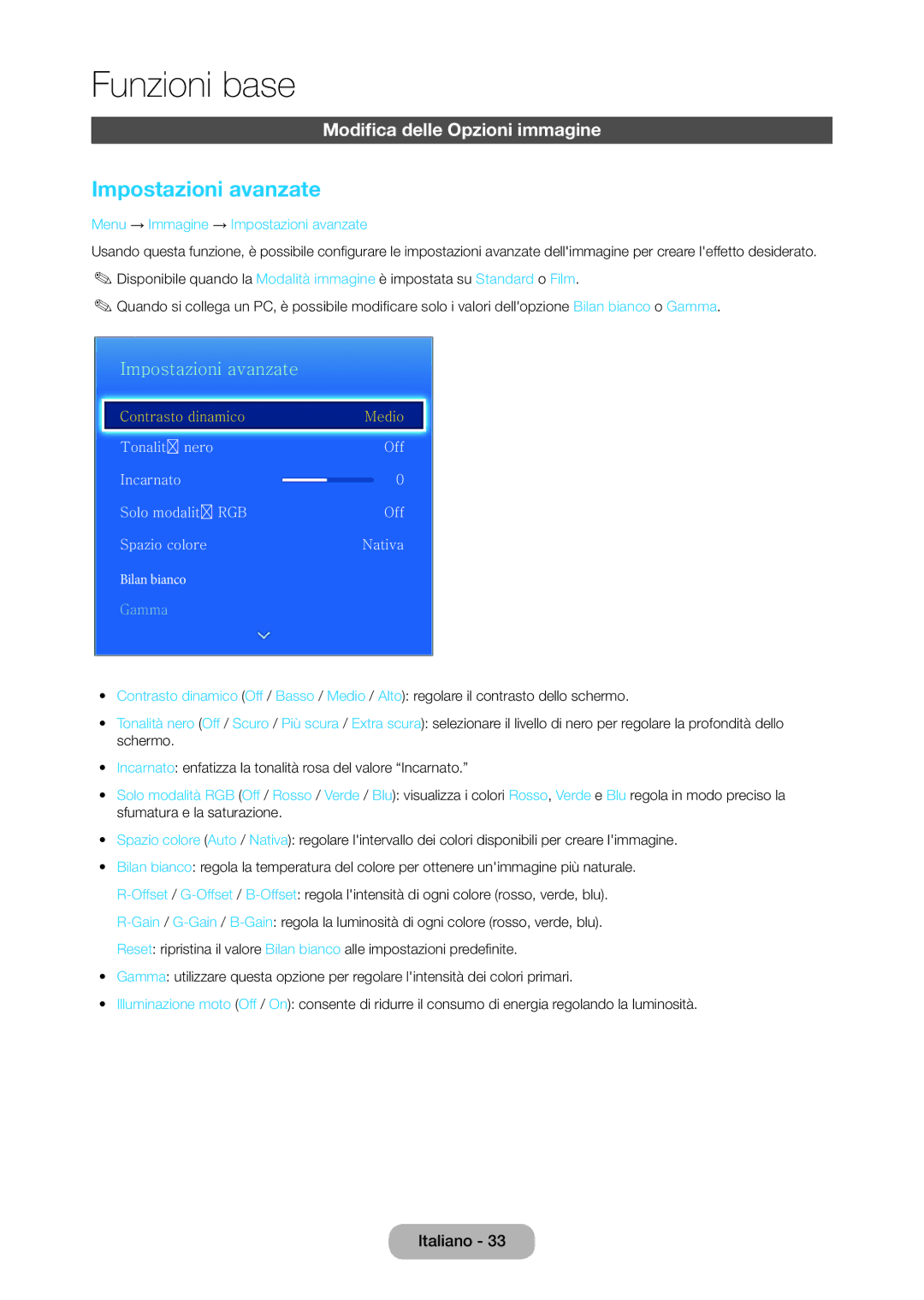 Samsung LT28C570EW/EN manual Modifica delle Opzioni immagine, Menu → Immagine → Impostazioni avanzate 