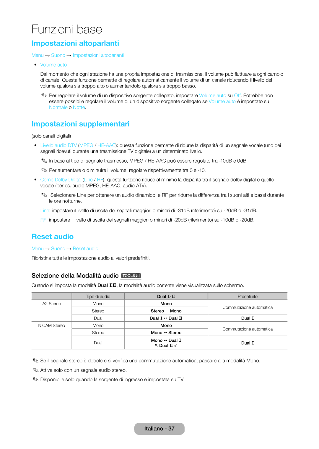 Samsung LT28C570EW/EN Impostazioni altoparlanti, Impostazioni supplementari, Reset audio, Selezione della Modalità audio t 