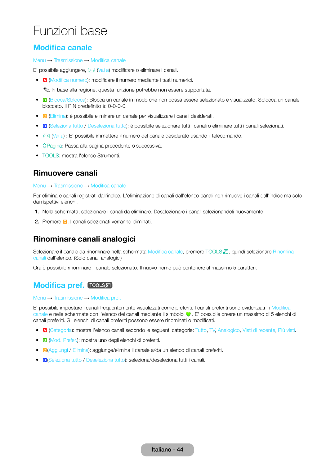 Samsung LT28C570EW/EN manual Modifica canale, Rimuovere canali, Rinominare canali analogici, Modifica pref. t 