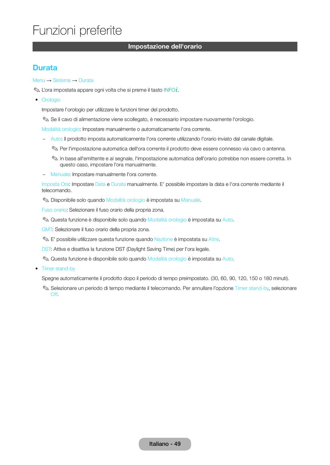 Samsung LT28C570EW/EN manual Impostazione dellorario, Menu → Sistema → Durata, Orologio, Timer stand-by 