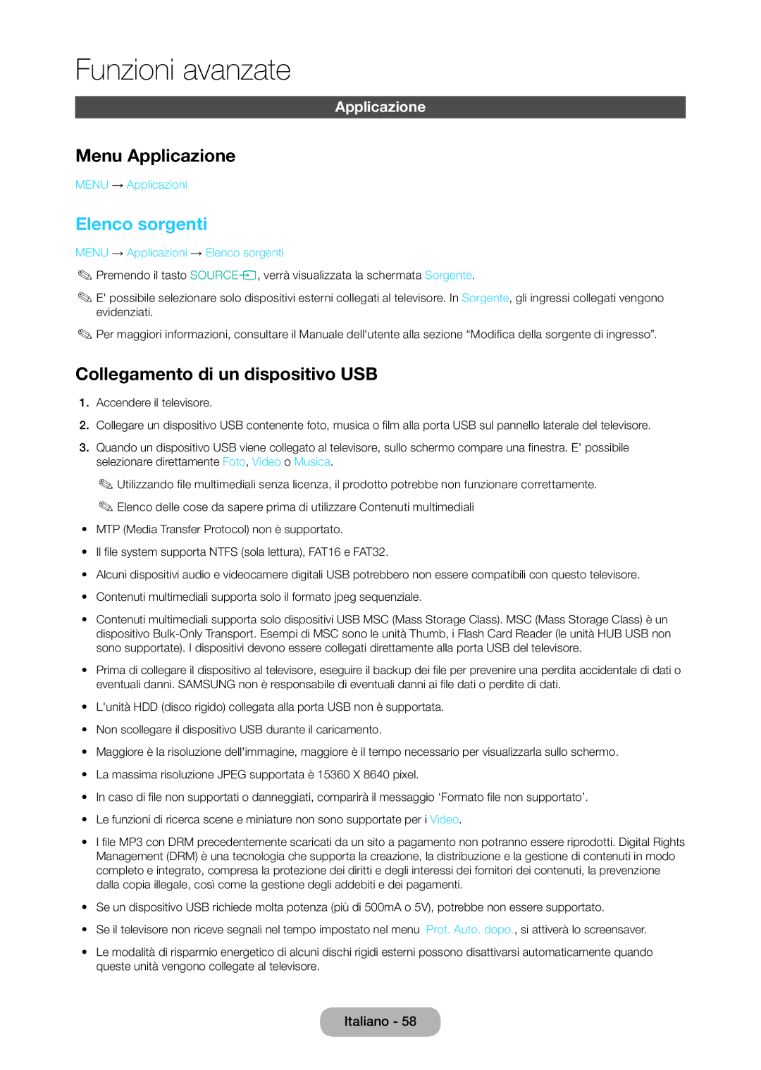 Samsung LT28C570EW/EN manual Menu Applicazione, Elenco sorgenti, Collegamento di un dispositivo USB 