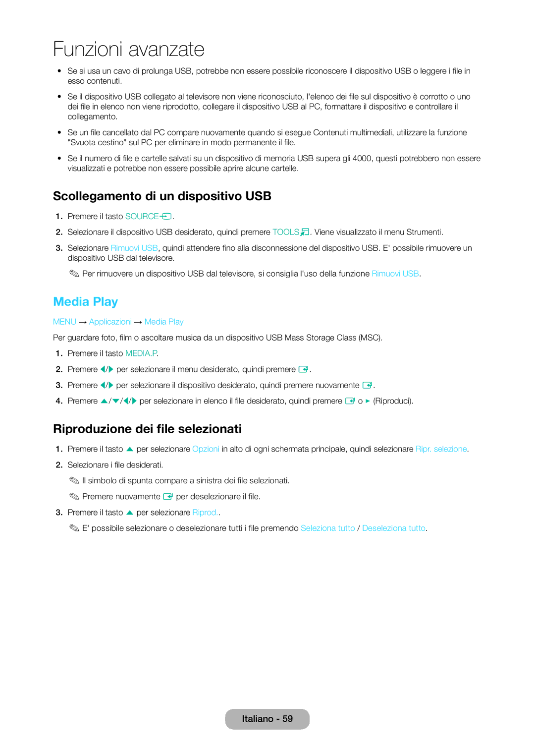 Samsung LT28C570EW/EN manual Scollegamento di un dispositivo USB, Media Play, Riproduzione dei file selezionati 