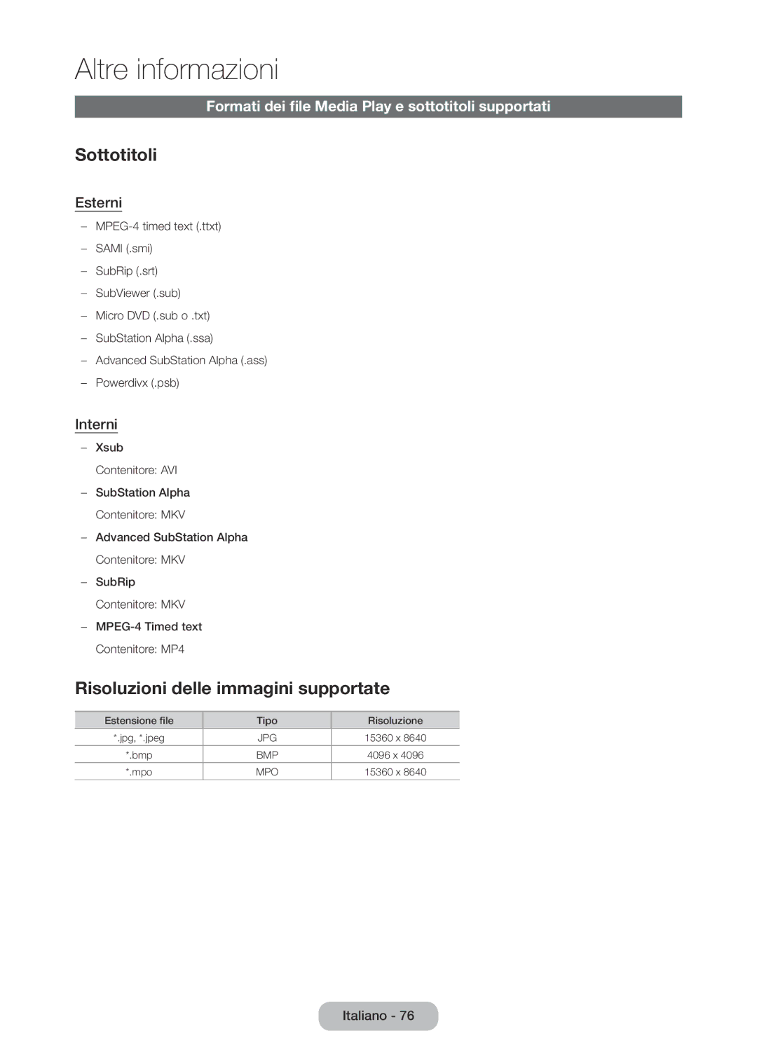 Samsung LT28C570EW/EN manual Sottotitoli, Risoluzioni delle immagini supportate, Esterni, Interni 