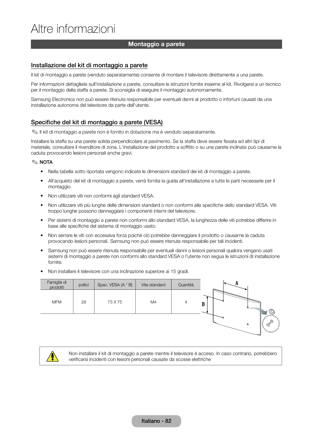 Samsung LT28C570EW/EN manual Montaggio a parete, Installazione del kit di montaggio a parete 