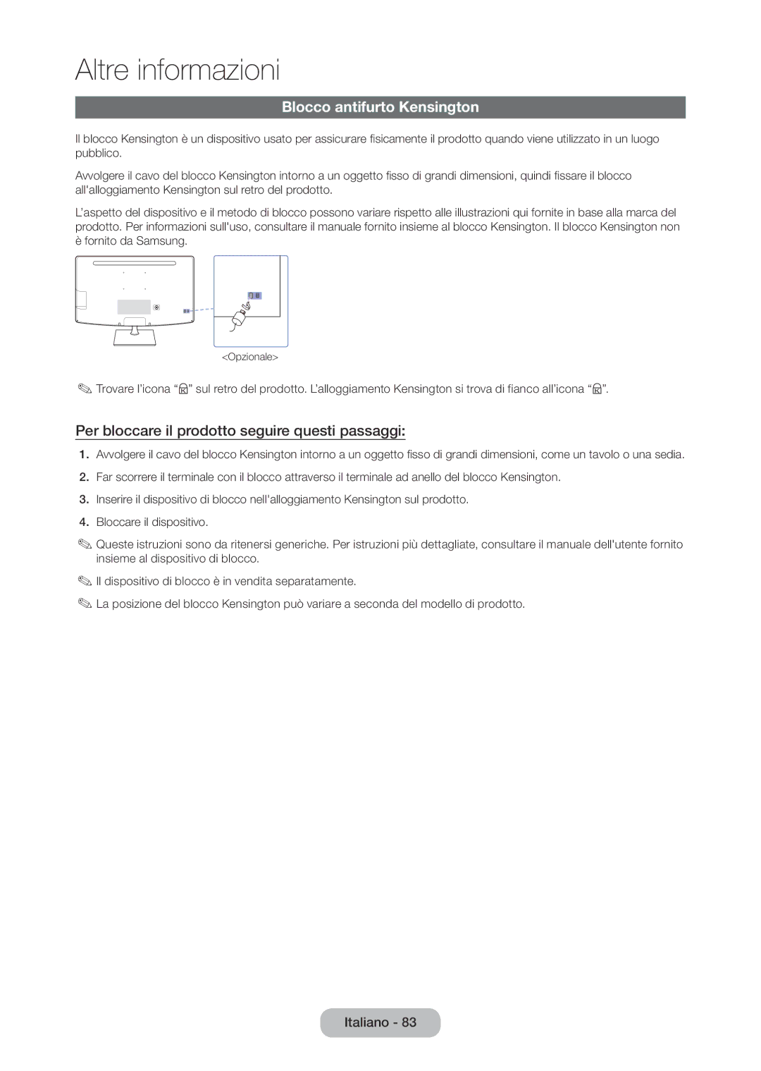 Samsung LT28C570EW/EN manual Blocco antifurto Kensington, Per bloccare il prodotto seguire questi passaggi 