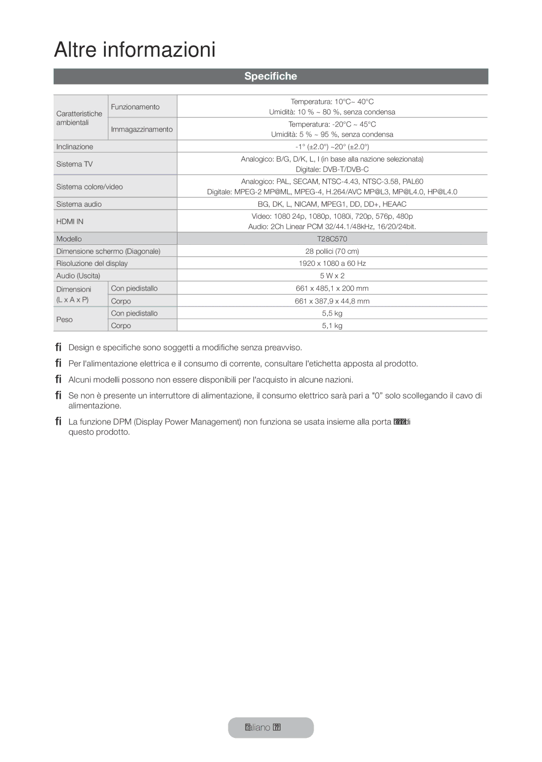 Samsung LT28C570EW/EN manual Specifiche, Sistema colore/video 