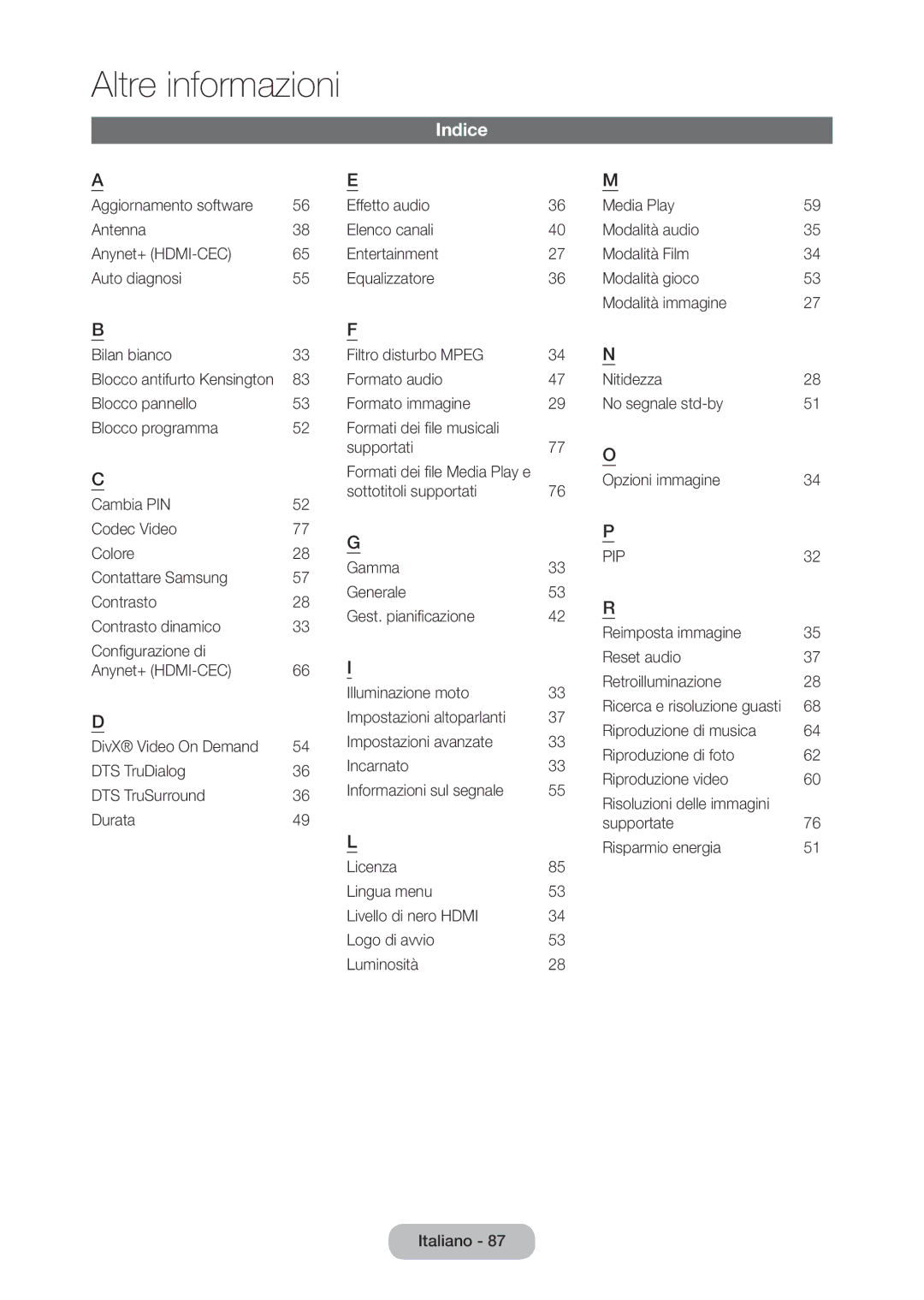 Samsung LT28C570EW/EN manual Indice, 34 N, 77 O 