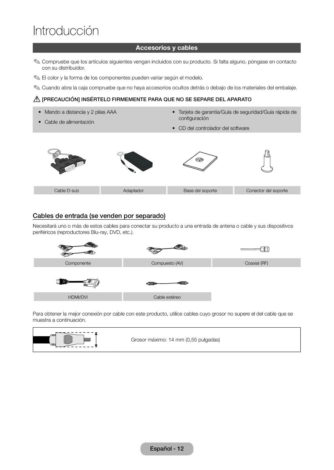 Samsung LT28C570EW/EN manual Accesorios y cables, Cables de entrada se venden por separado 