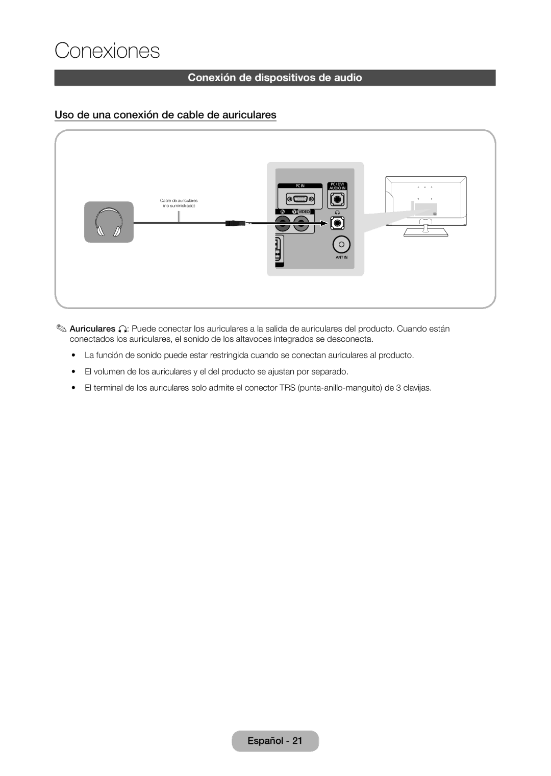 Samsung LT28C570EW/EN manual Conexión de dispositivos de audio, Uso de una conexión de cable de auriculares 