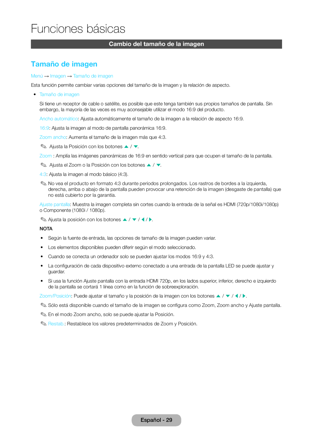 Samsung LT28C570EW/EN manual Cambio del tamaño de la imagen, Menú → Imagen → Tamaño de imagen 