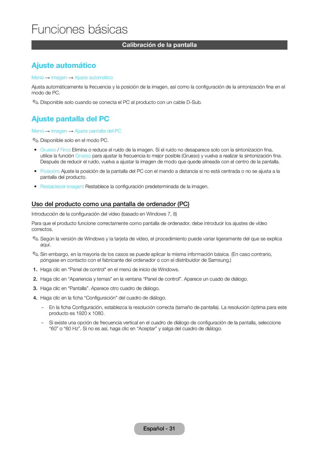 Samsung LT28C570EW/EN manual Ajuste automático, Ajuste pantalla del PC, Calibración de la pantalla 