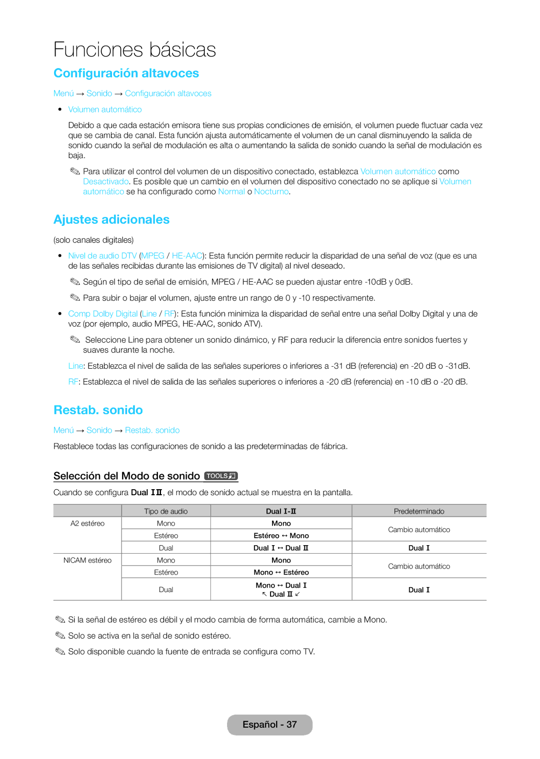 Samsung LT28C570EW/EN manual Configuración altavoces, Ajustes adicionales, Restab. sonido, Selección del Modo de sonido t 