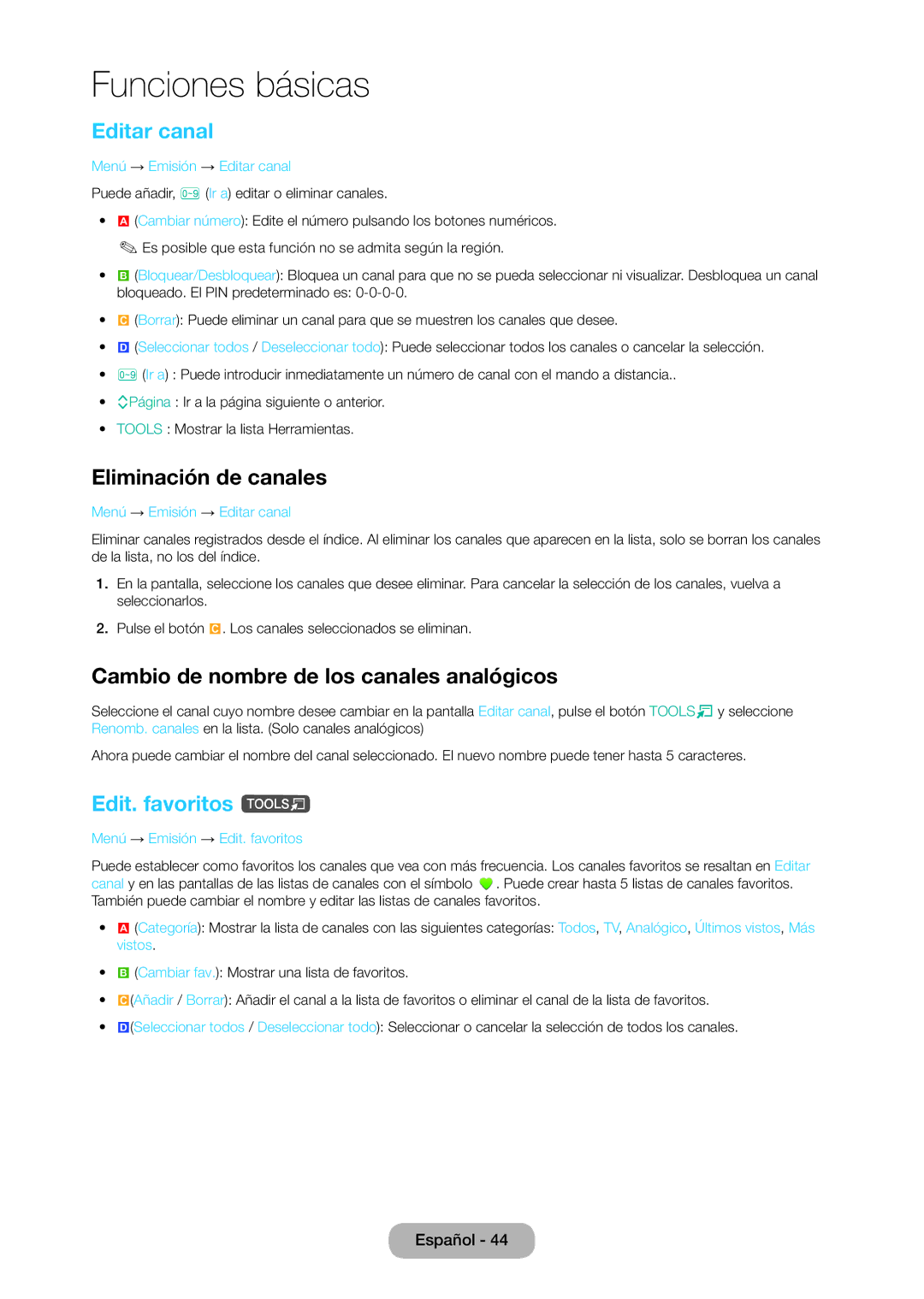 Samsung LT28C570EW/EN Editar canal, Eliminación de canales, Cambio de nombre de los canales analógicos, Edit. favoritos t 