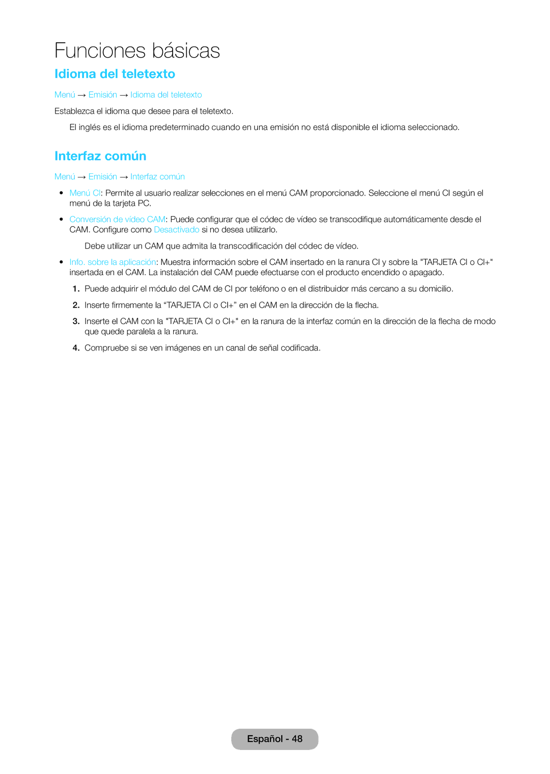 Samsung LT28C570EW/EN manual Idioma del teletexto, Menú → Emisión → Interfaz común 