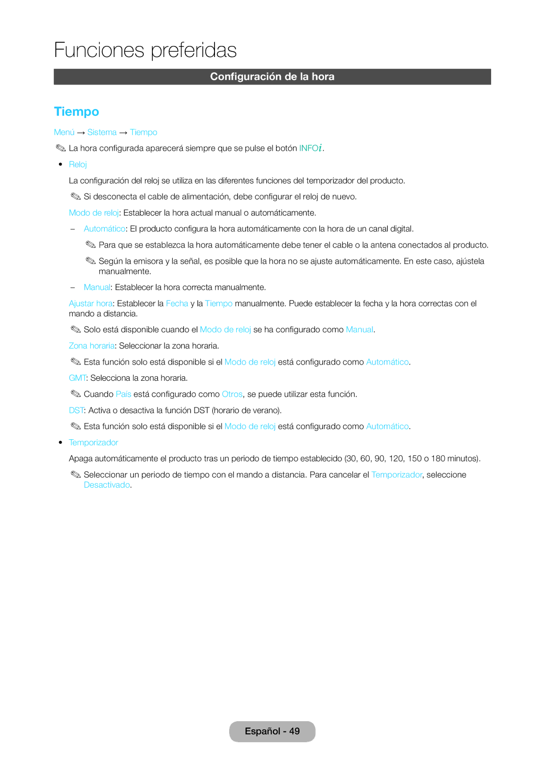 Samsung LT28C570EW/EN manual Configuración de la hora, Menú → Sistema → Tiempo, Reloj, Temporizador 