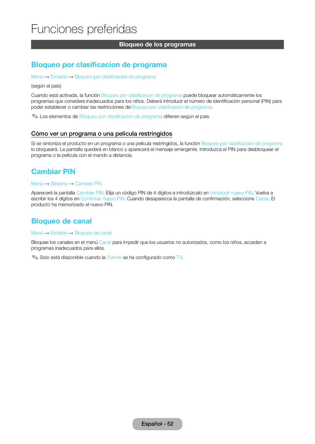 Samsung LT28C570EW/EN manual Bloqueo por clasificacion de programa, Cambiar PIN, Bloqueo de canal, Bloqueo de los programas 