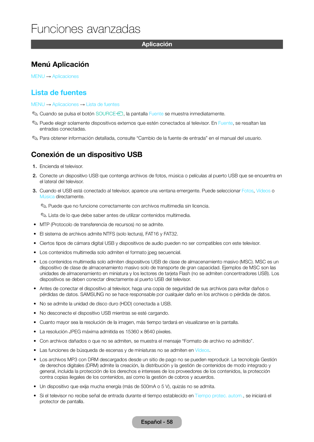 Samsung LT28C570EW/EN manual Menú Aplicación, Lista de fuentes, Conexión de un dispositivo USB 