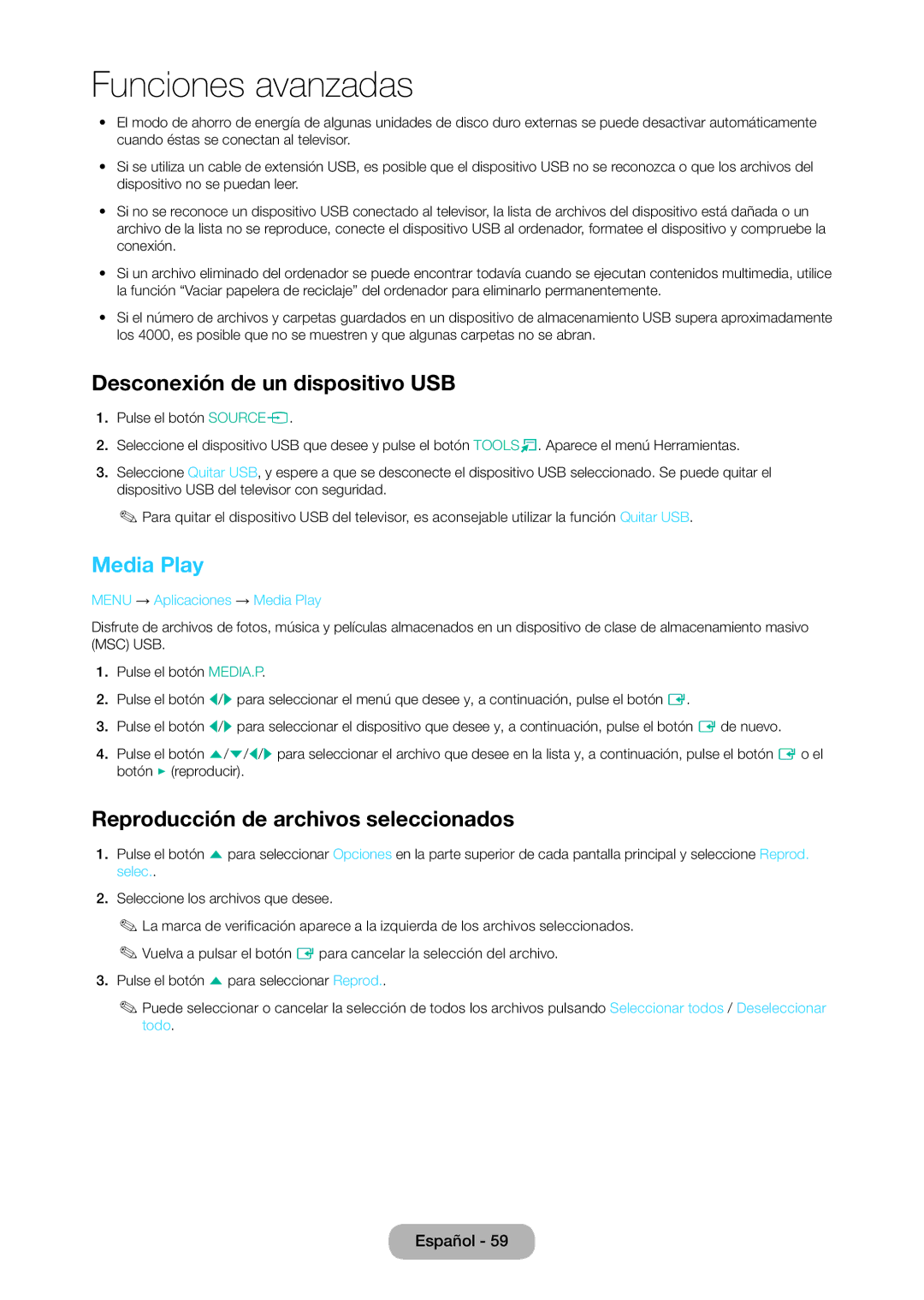 Samsung LT28C570EW/EN manual Desconexión de un dispositivo USB, Media Play, Reproducción de archivos seleccionados 