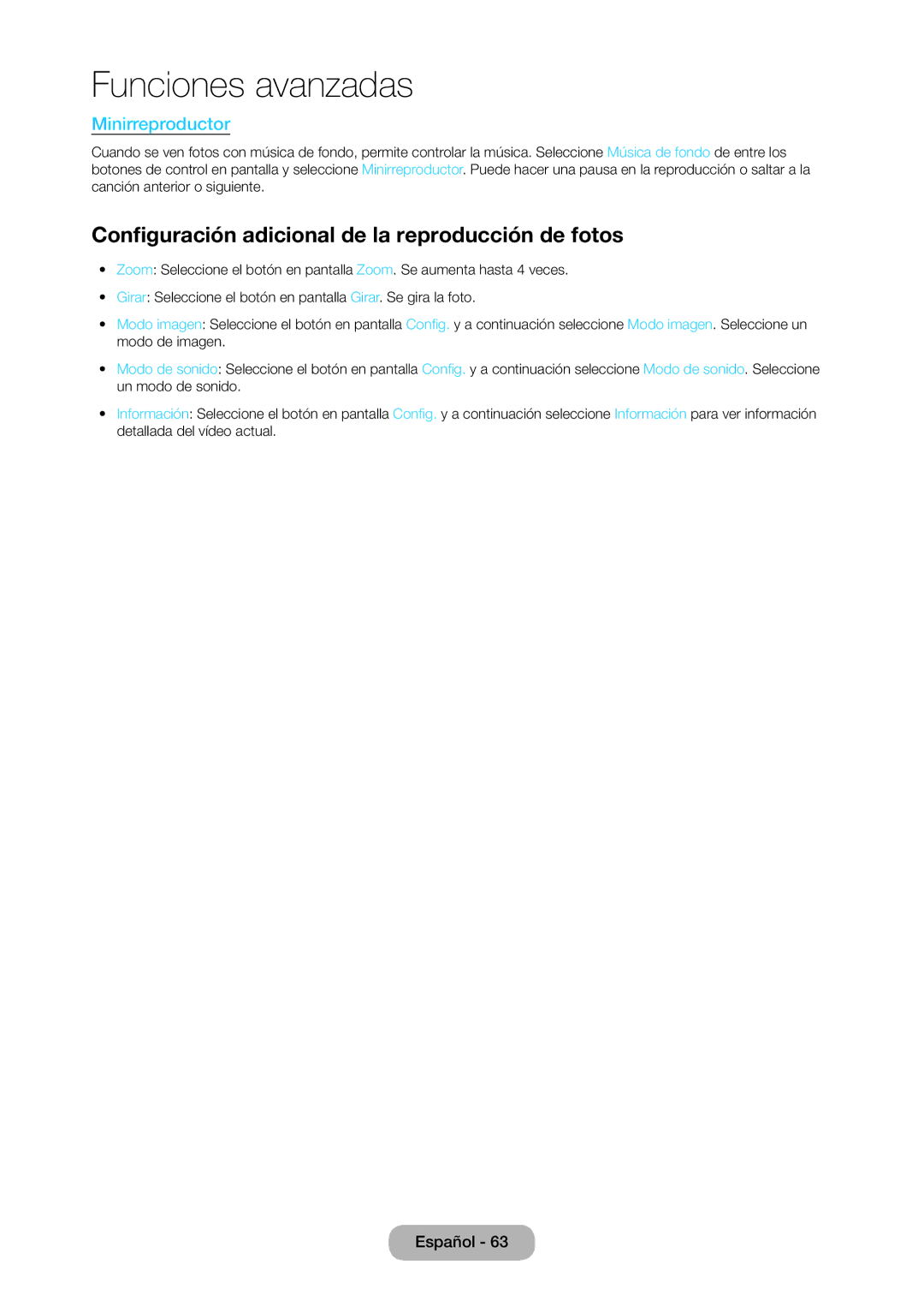 Samsung LT28C570EW/EN manual Configuración adicional de la reproducción de fotos, Minirreproductor 