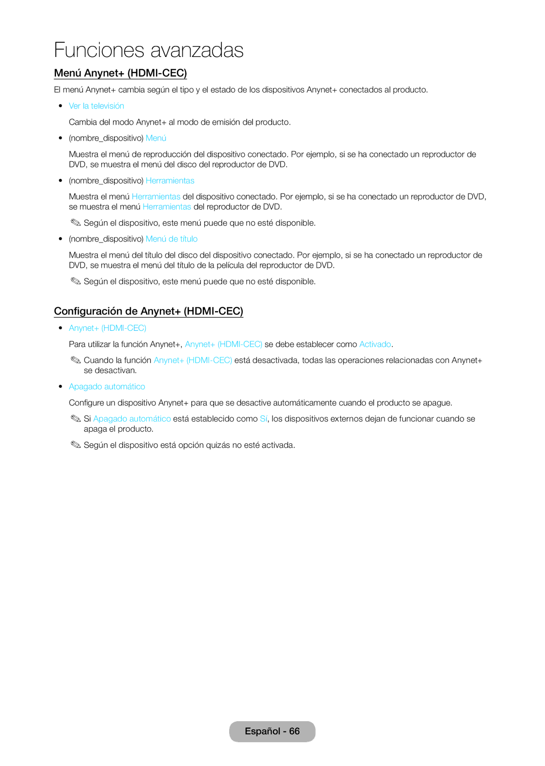 Samsung LT28C570EW/EN Menú Anynet+ HDMI-CEC, Configuración de Anynet+ HDMI-CEC, Ver la televisión, Apagado automático 