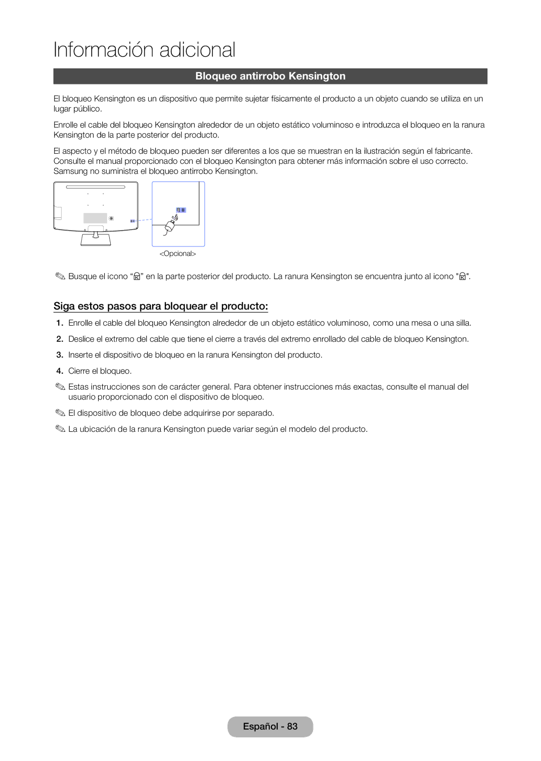 Samsung LT28C570EW/EN manual Bloqueo antirrobo Kensington, Siga estos pasos para bloquear el producto 