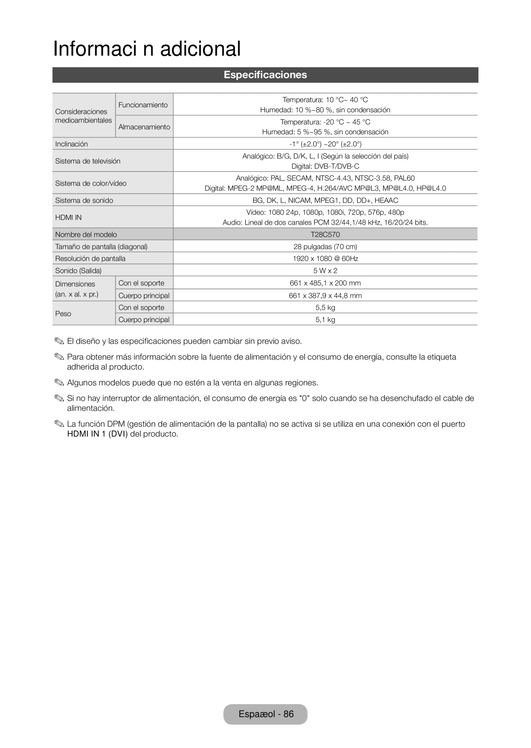 Samsung LT28C570EW/EN manual Especificaciones, Sistema de color/vídeo 