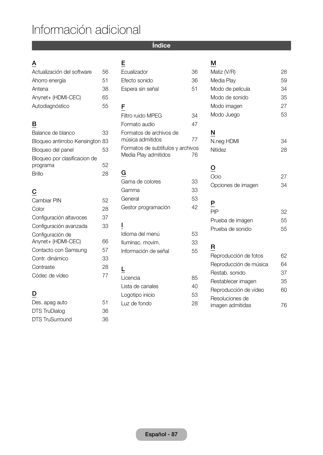 Samsung LT28C570EW/EN manual Índice, Pip 