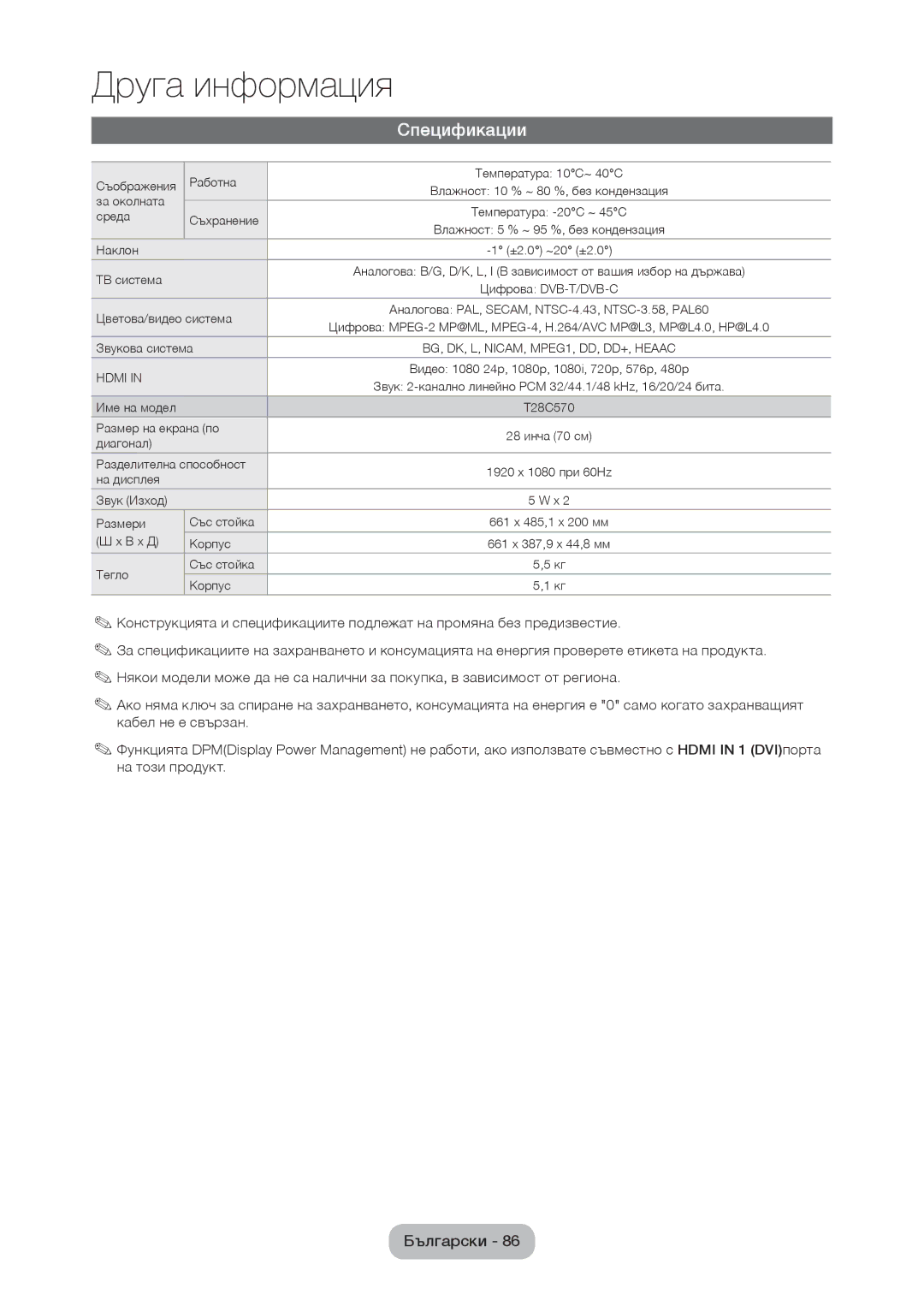 Samsung LT28C570EW/EN manual Спецификации, Hdmi 