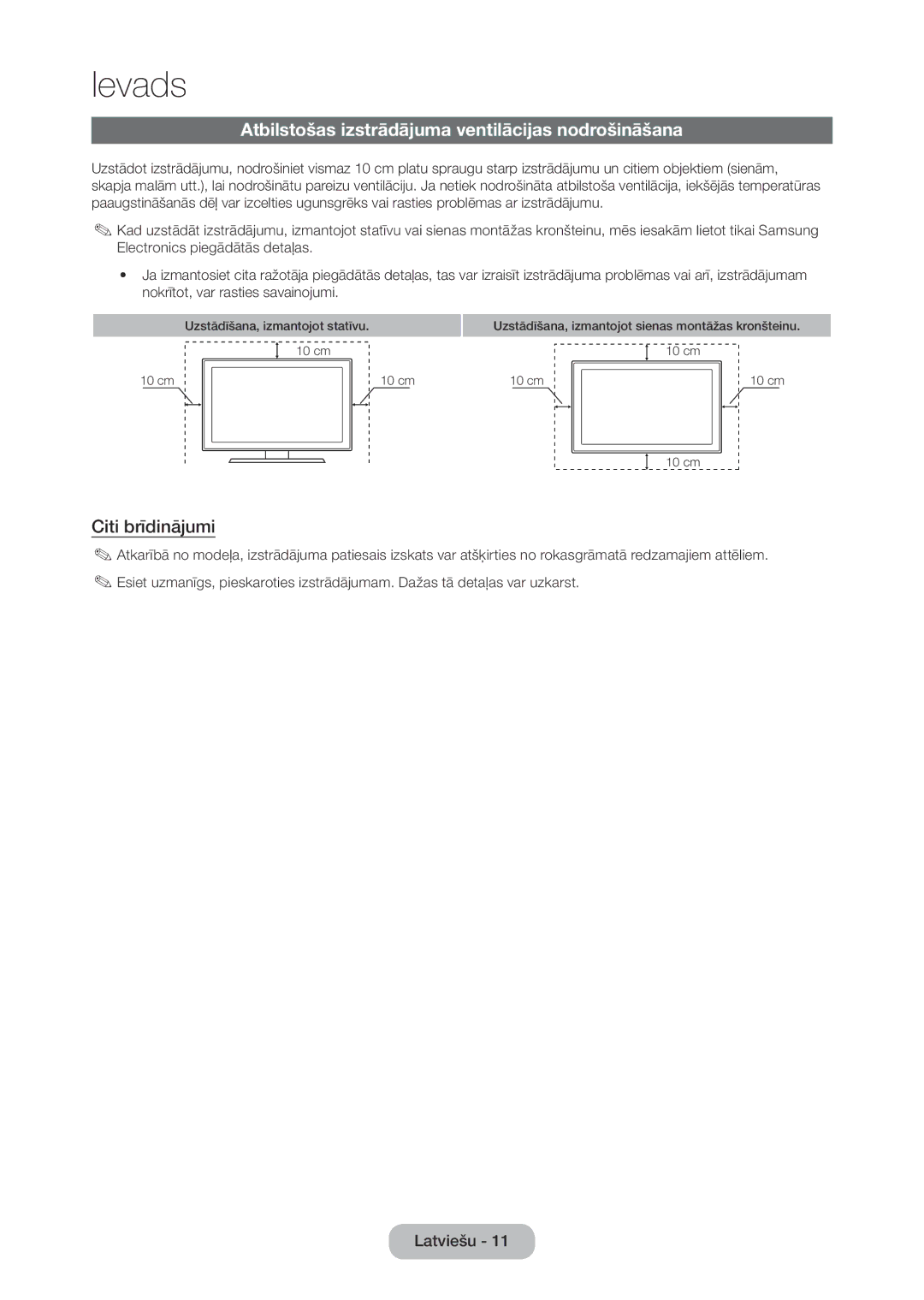 Samsung LT28C570EW/EN manual Atbilstošas izstrādājuma ventilācijas nodrošināšana, Citi brīdinājumi 