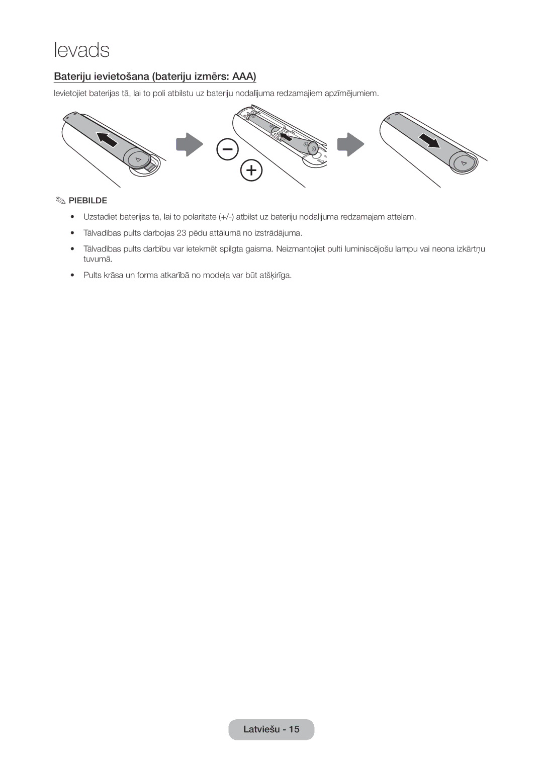 Samsung LT28C570EW/EN manual Bateriju ievietošana bateriju izmērs AAA, Piebilde 