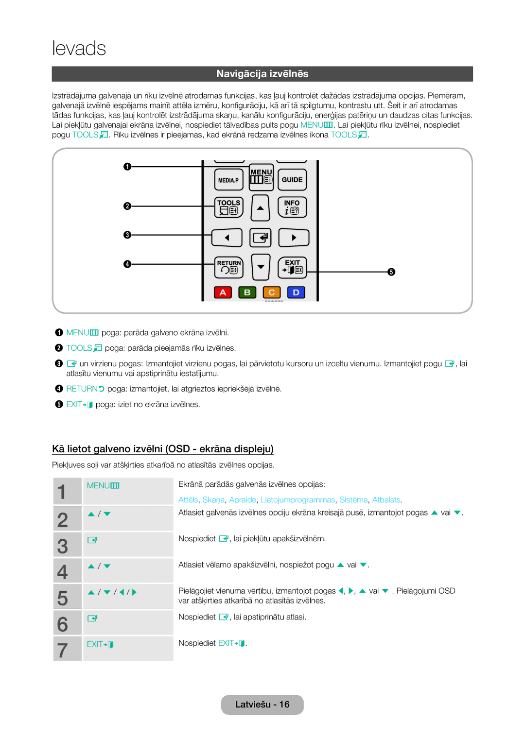 Samsung LT28C570EW/EN manual Navigācija izvēlnēs, Kā lietot galveno izvēlni OSD ekrāna displeju 