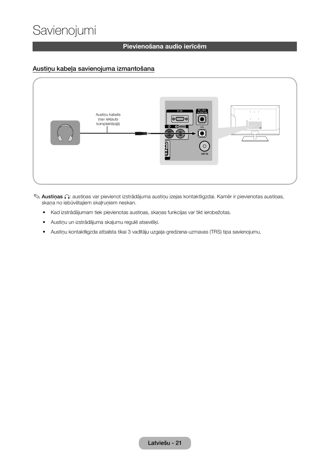 Samsung LT28C570EW/EN manual Pievienošana audio ierīcēm, Austiņu kabeļa savienojuma izmantošana 