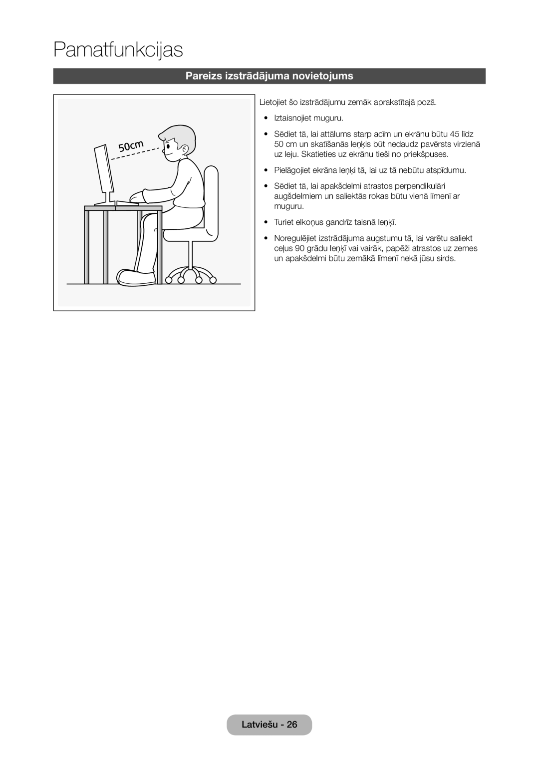 Samsung LT28C570EW/EN manual Pamatfunkcijas, Pareizs izstrādājuma novietojums 