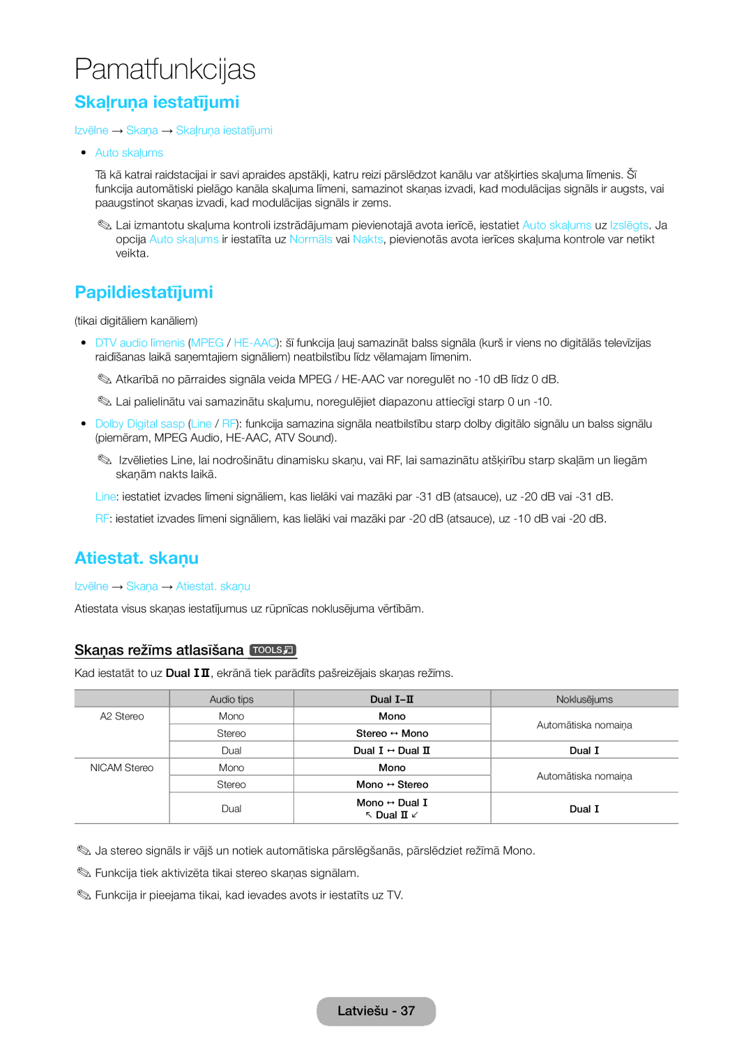 Samsung LT28C570EW/EN manual Skaļruņa iestatījumi, Papildiestatījumi, Atiestat. skaņu, Skaņas režīms atlasīšana t 