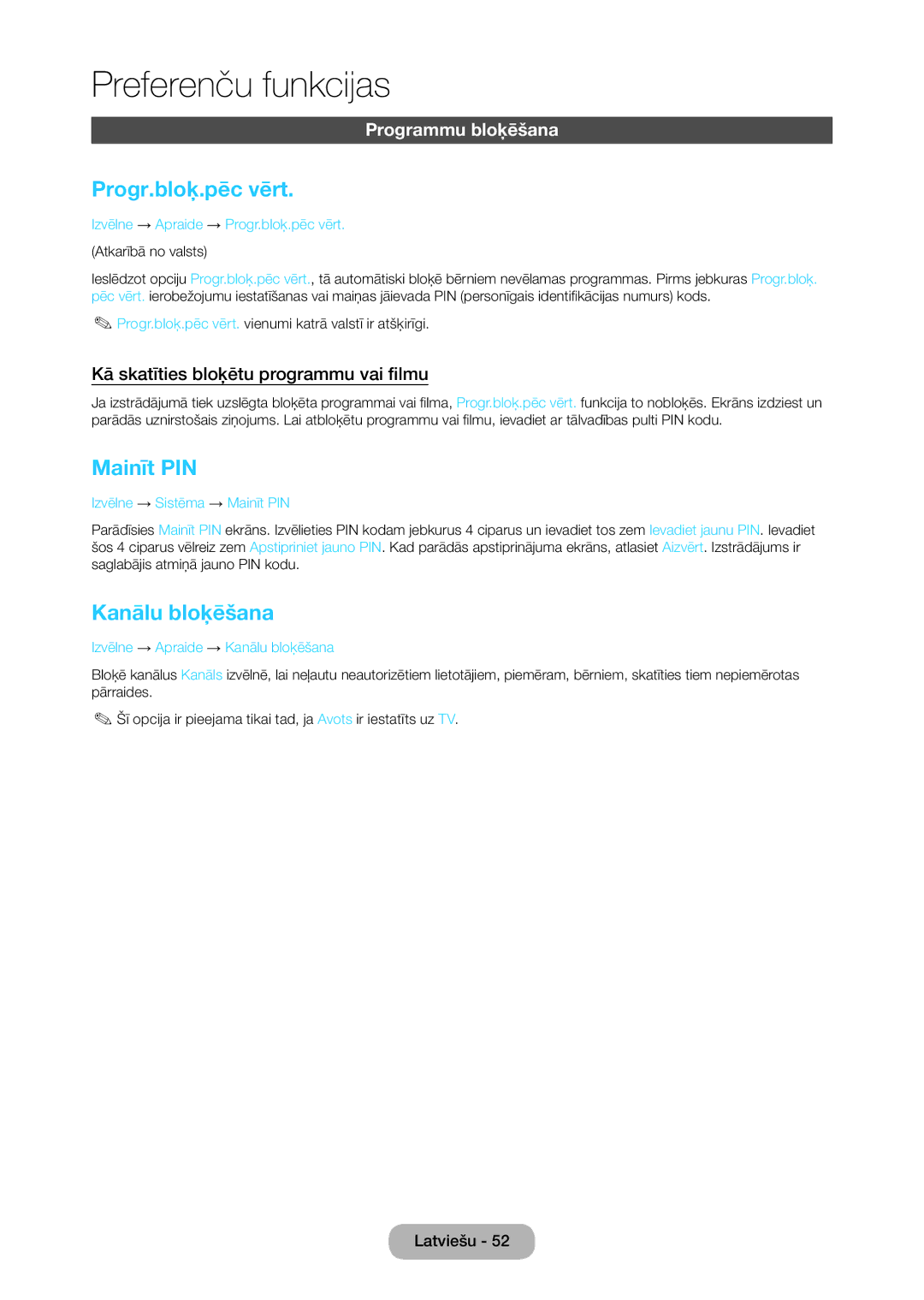 Samsung LT28C570EW/EN manual Progr.bloķ.pēc vērt, Mainīt PIN, Kanālu bloķēšana, Programmu bloķēšana 