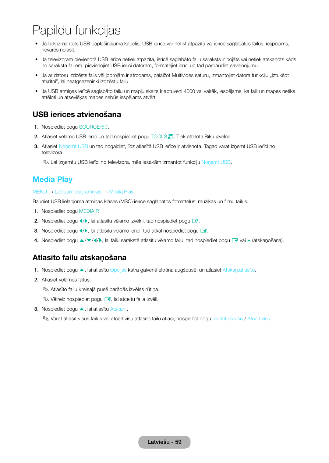 Samsung LT28C570EW/EN manual USB ierīces atvienošana, Media Play, Atlasīto failu atskaņošana 