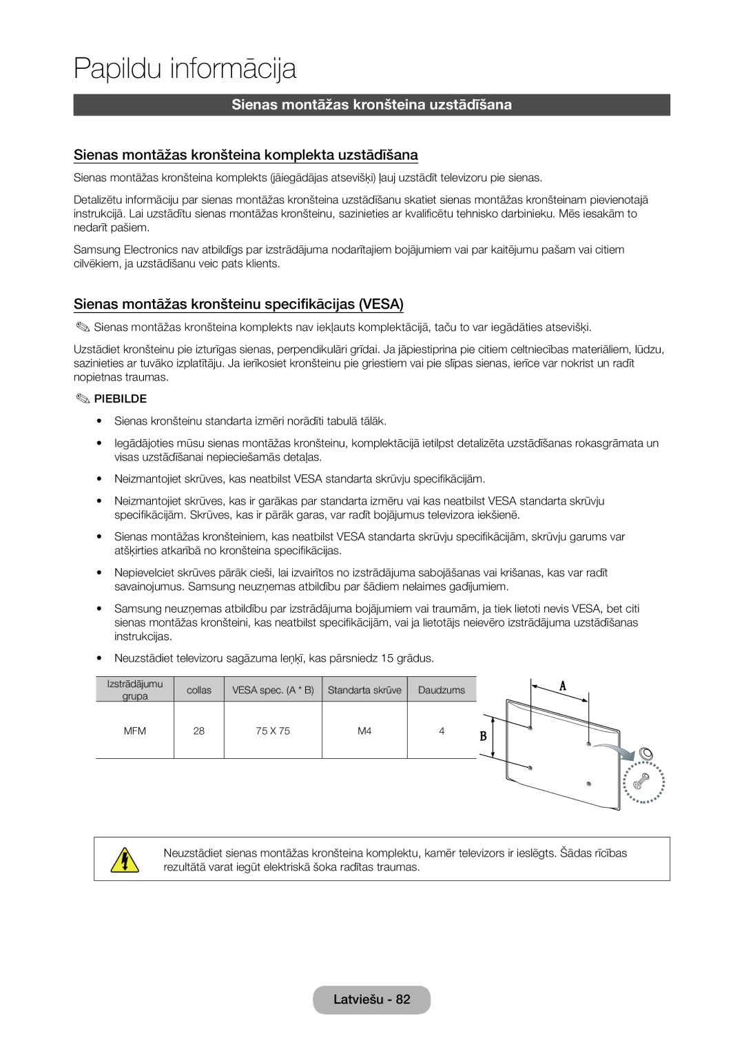 Samsung LT28C570EW/EN manual Sienas montāžas kronšteina uzstādīšana, Sienas montāžas kronšteina komplekta uzstādīšana 