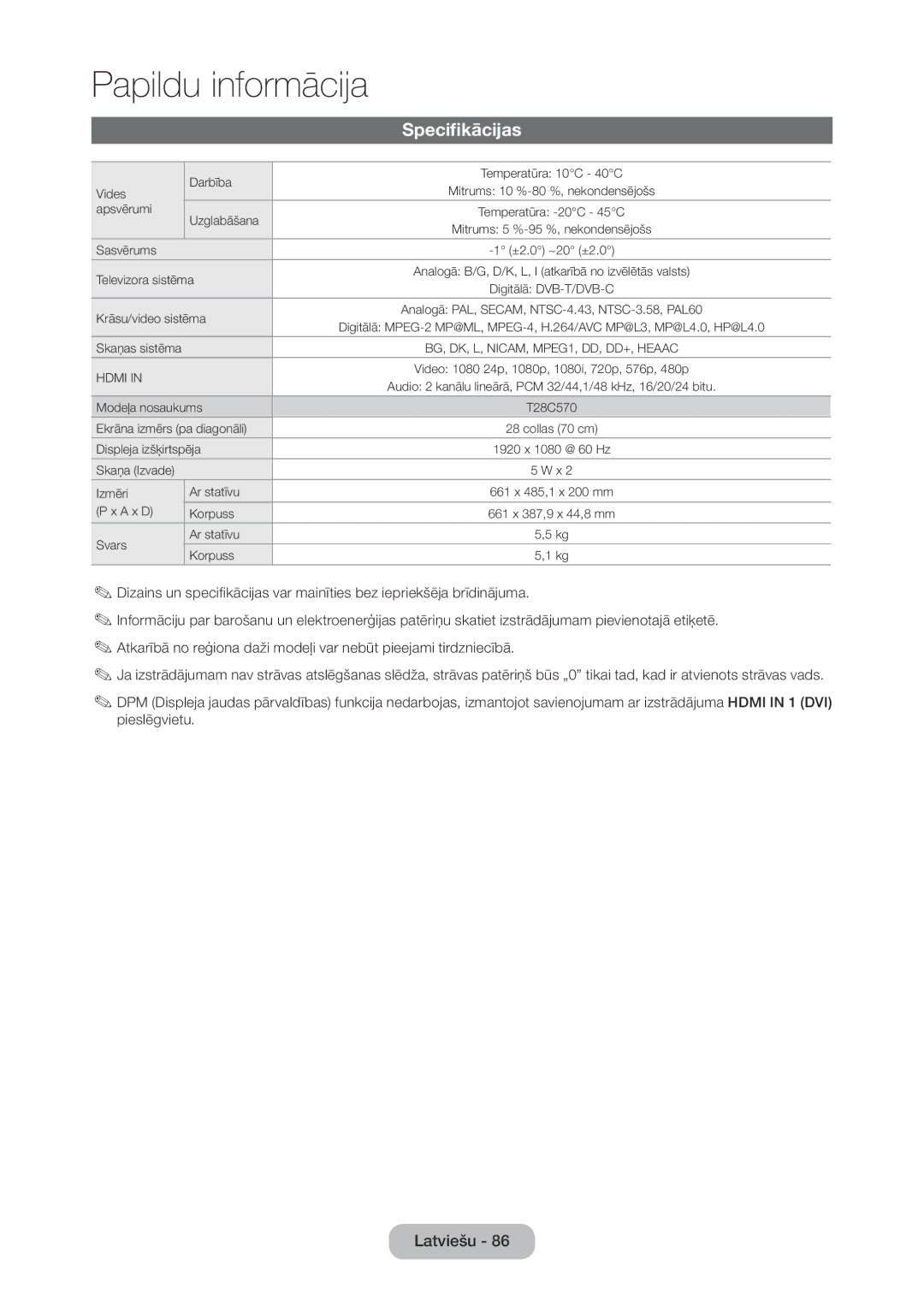 Samsung LT28C570EW/EN manual Specifikācijas, Krāsu/video sistēma 