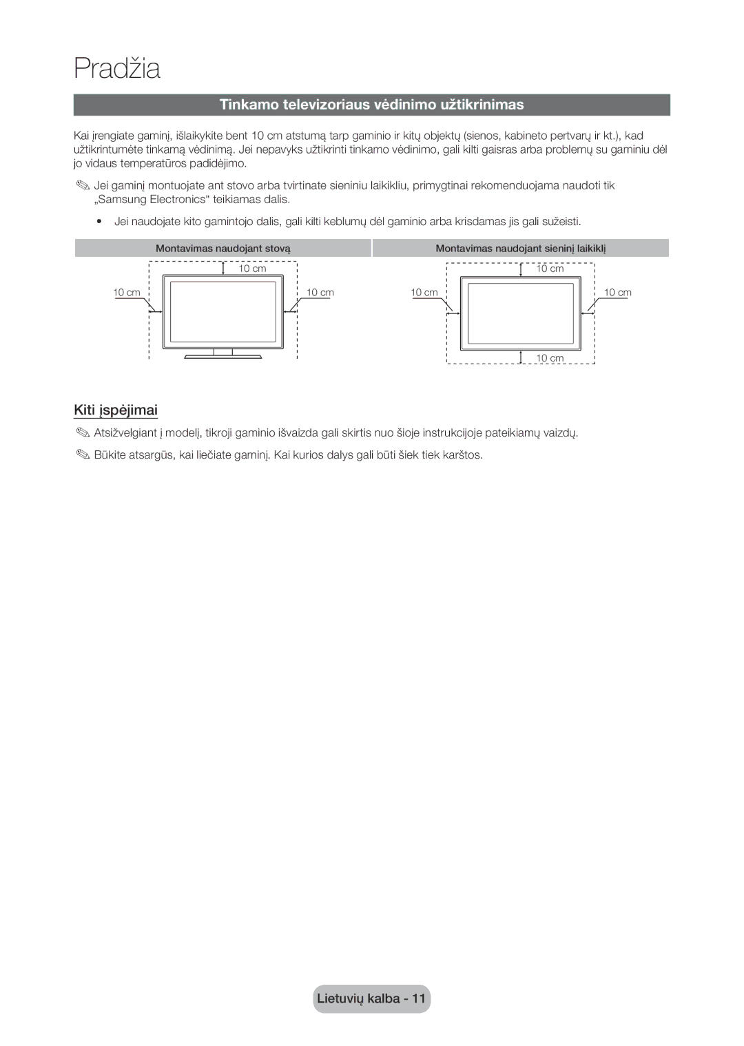 Samsung LT28C570EW/EN manual Tinkamo televizoriaus vėdinimo užtikrinimas, Kiti įspėjimai 