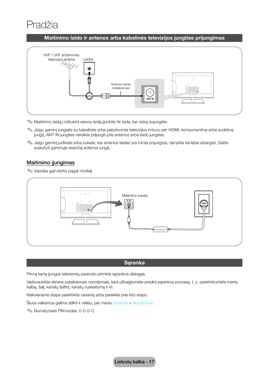 Samsung LT28C570EW/EN manual Maitinimo įjungimas, Sąranka 