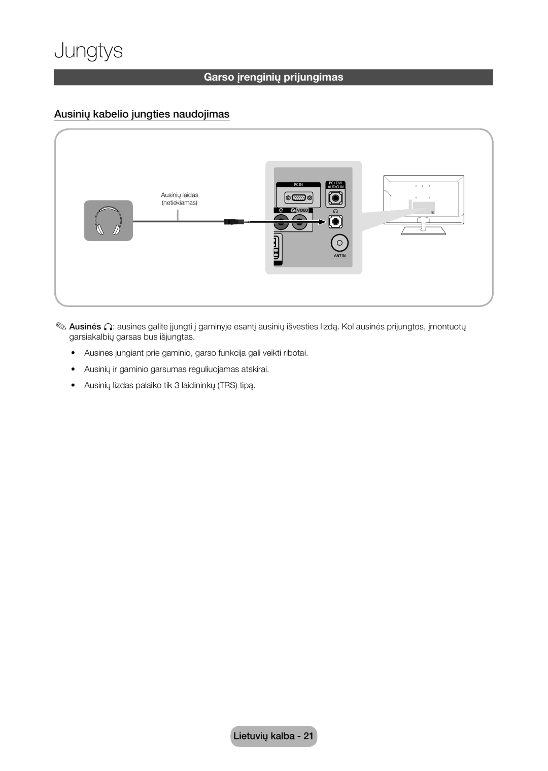 Samsung LT28C570EW/EN manual Garso įrenginių prijungimas, Ausinių kabelio jungties naudojimas 