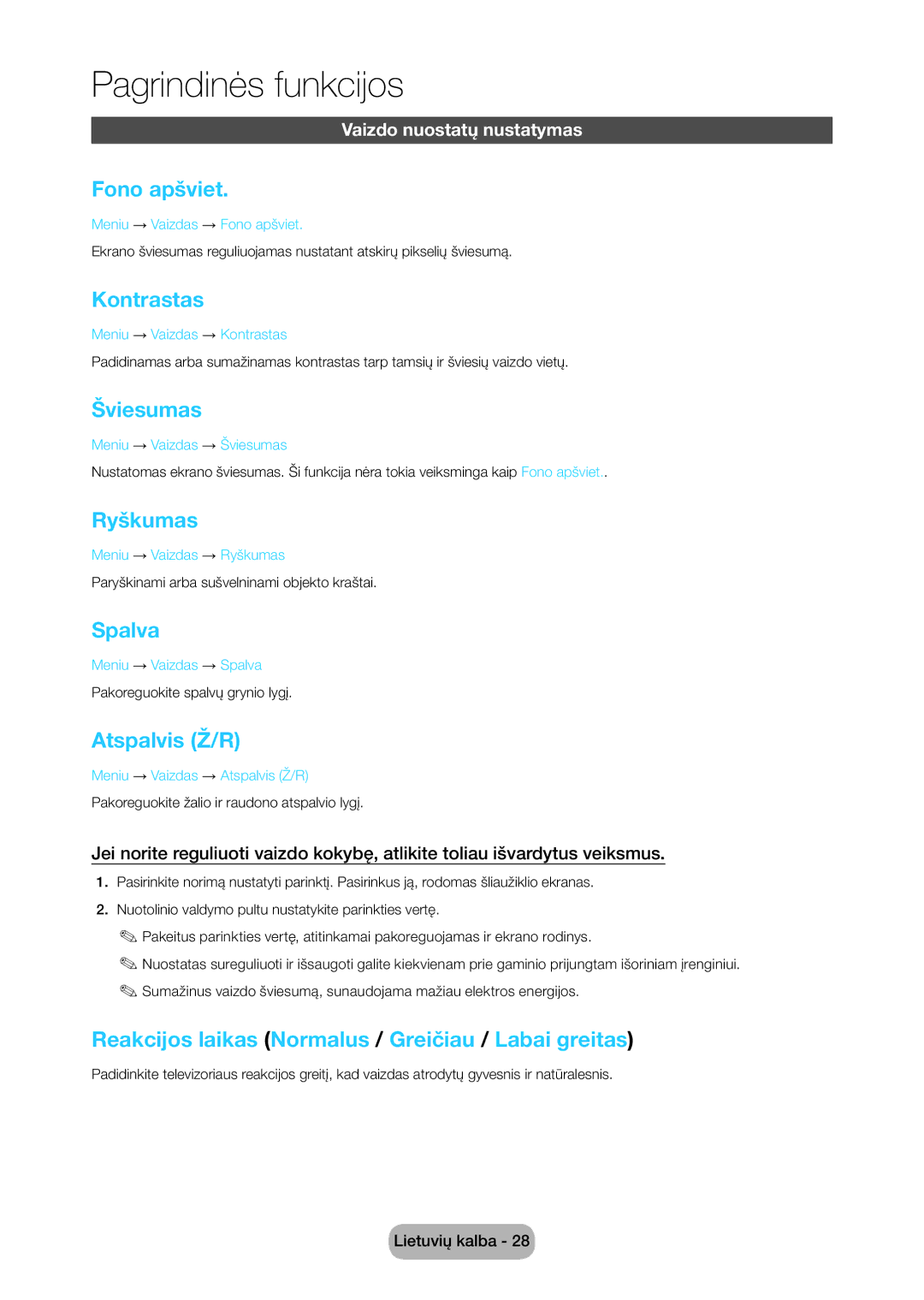 Samsung LT28C570EW/EN manual Fono apšviet, Kontrastas, Šviesumas, Ryškumas, Spalva, Atspalvis Ž/R 