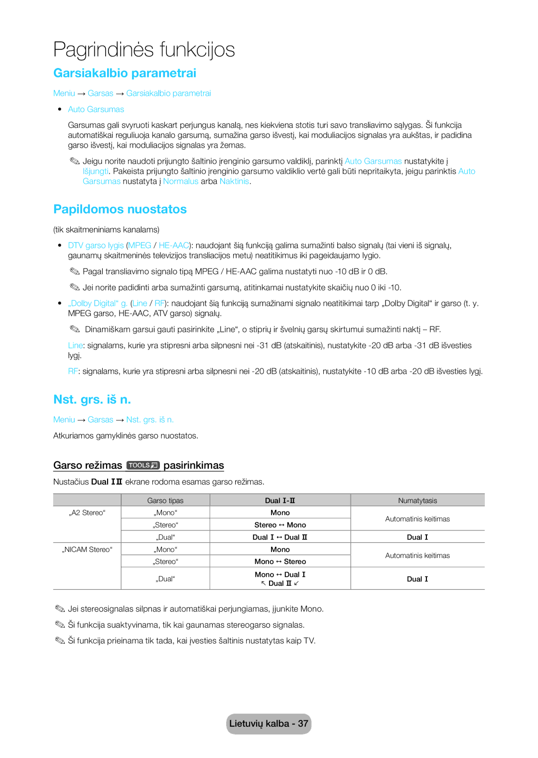 Samsung LT28C570EW/EN manual Garsiakalbio parametrai, Papildomos nuostatos, Nst. grs. iš n, Garso režimas t pasirinkimas 