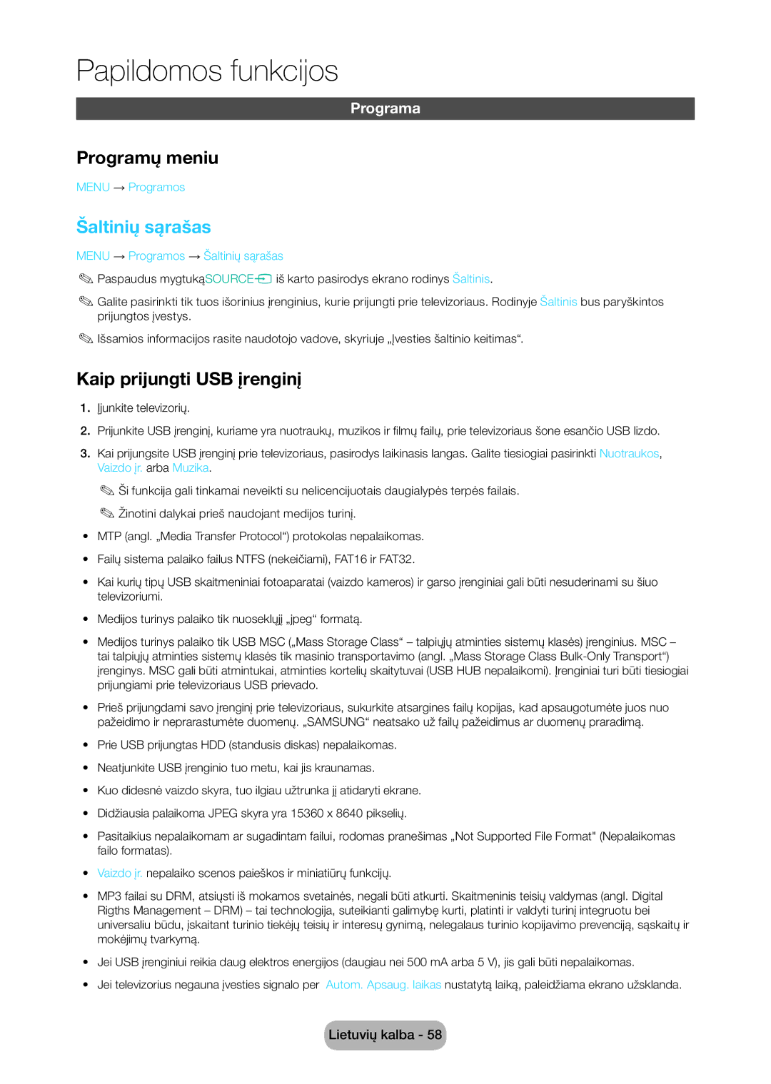 Samsung LT28C570EW/EN manual Programų meniu, Šaltinių sąrašas, Kaip prijungti USB įrenginį, Programa 