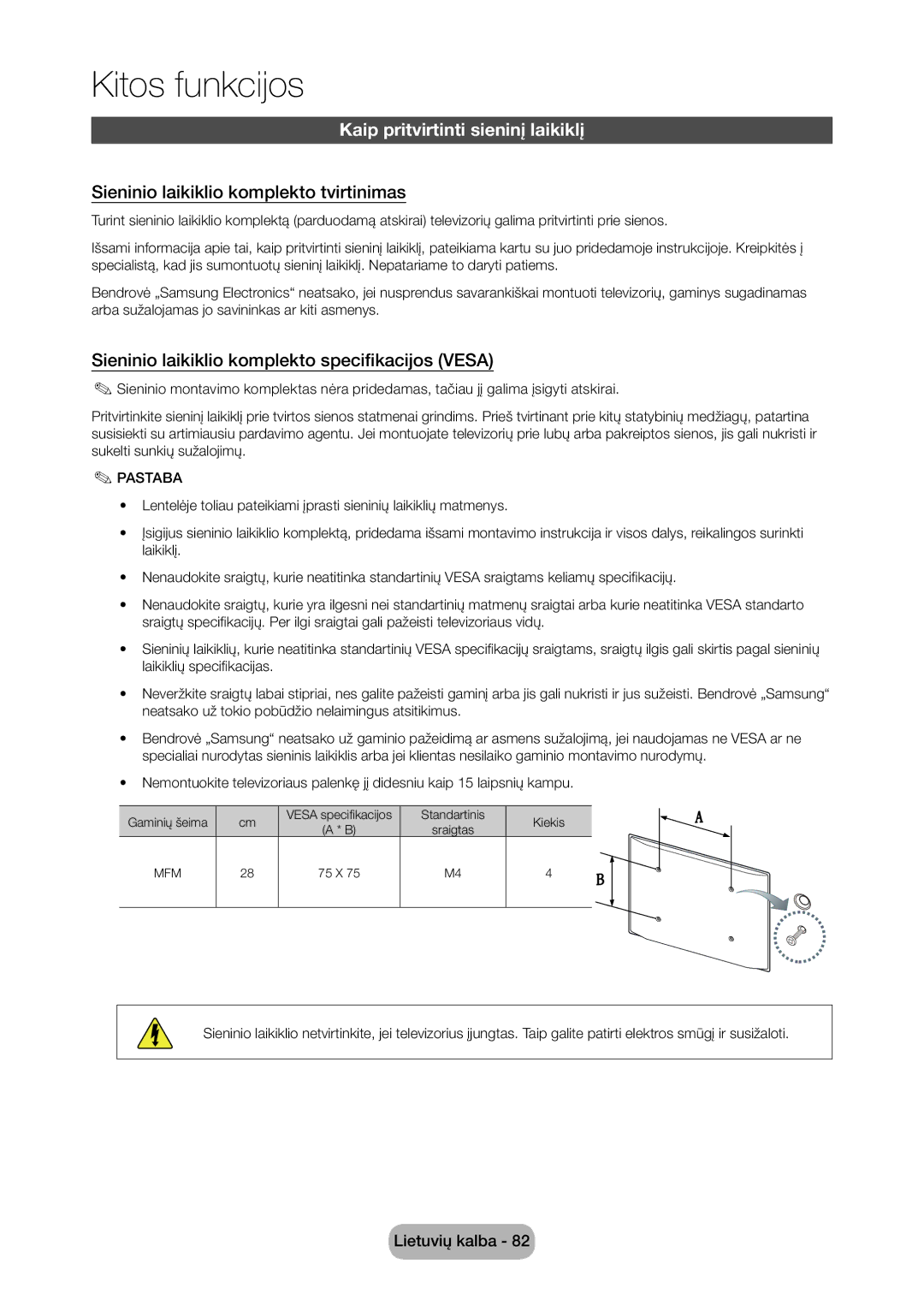 Samsung LT28C570EW/EN manual Kaip pritvirtinti sieninį laikiklį, Sieninio laikiklio komplekto tvirtinimas 