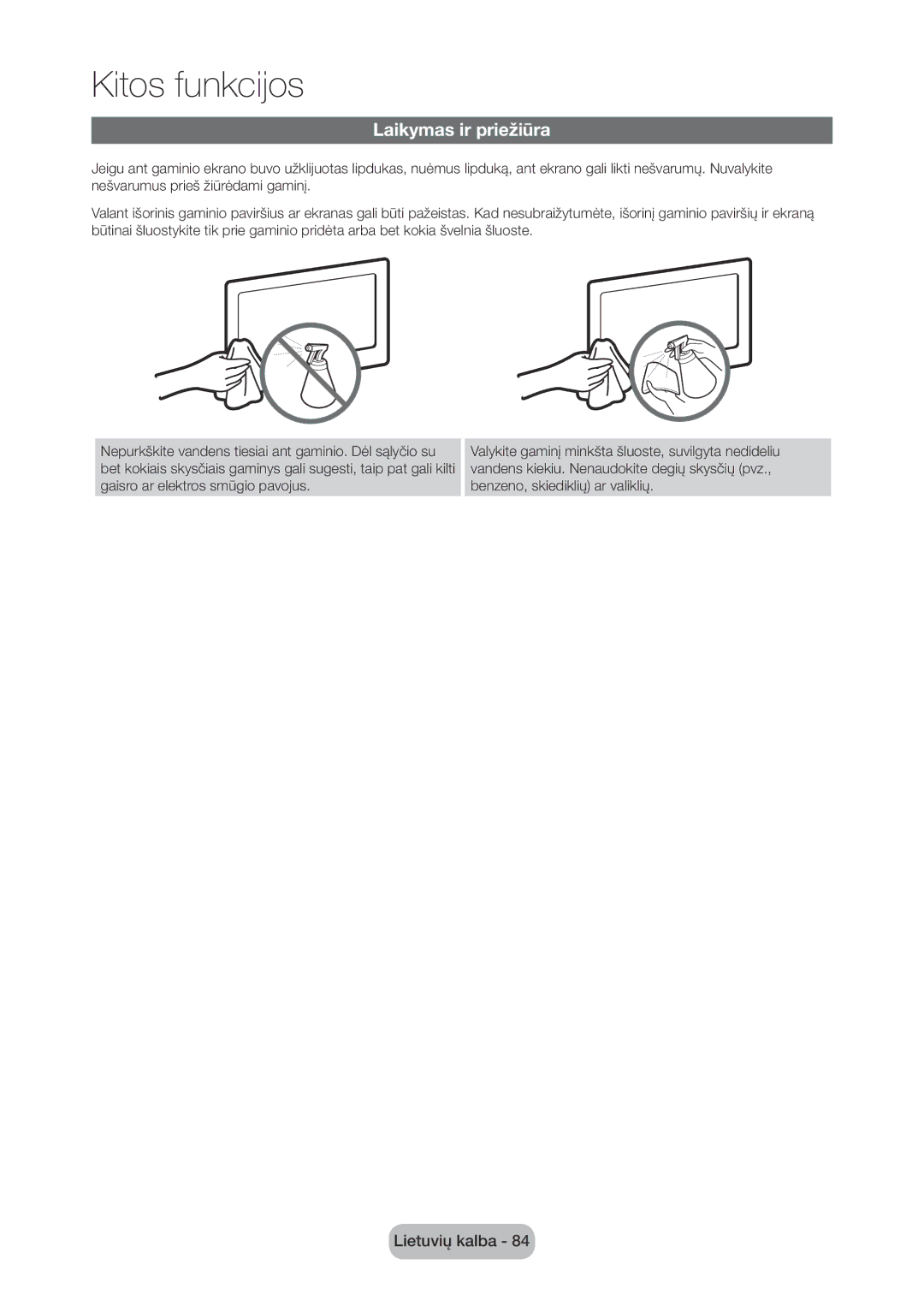 Samsung LT28C570EW/EN manual Laikymas ir priežiūra 