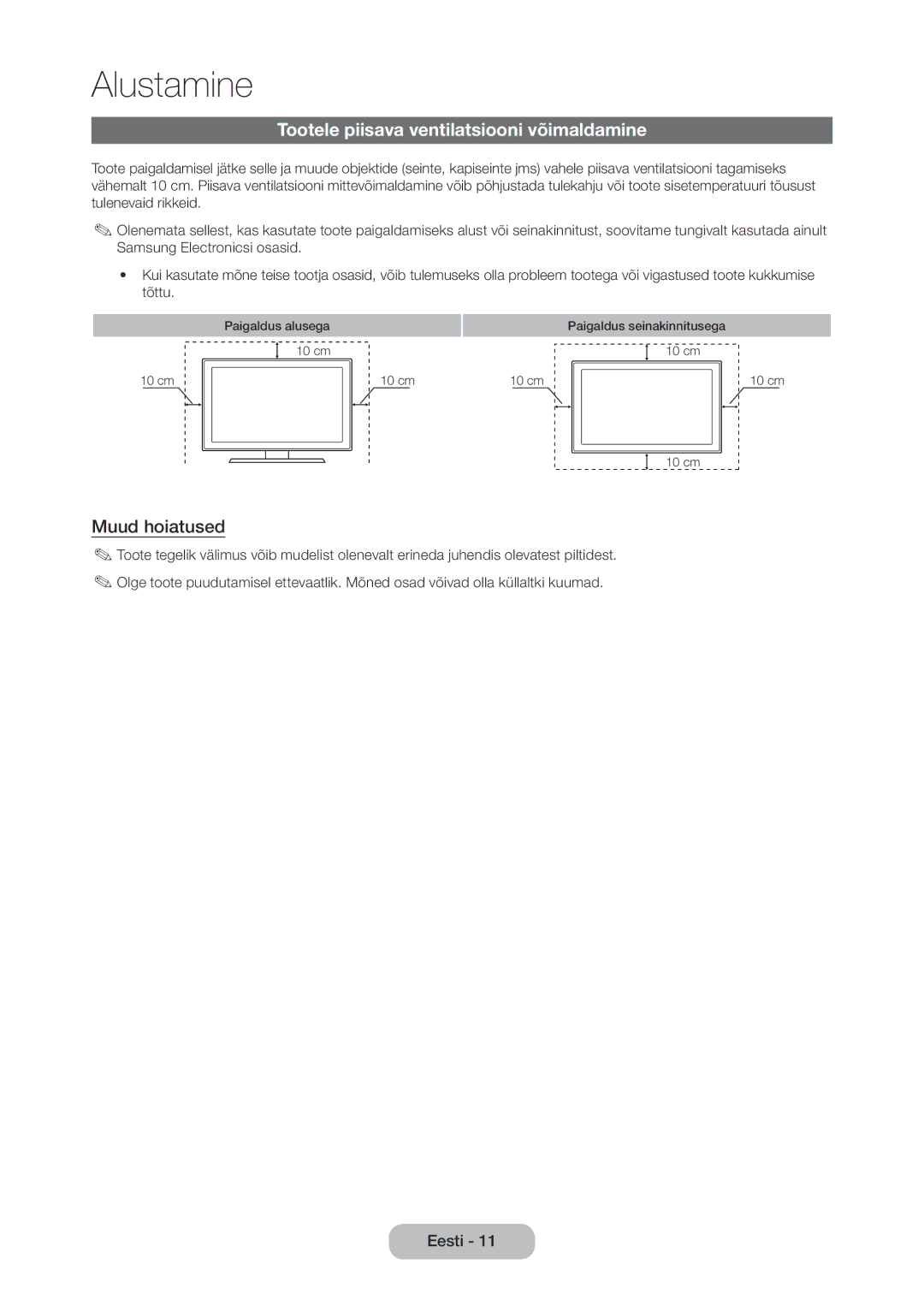 Samsung LT28C570EW/EN manual Tootele piisava ventilatsiooni võimaldamine, Muud hoiatused 