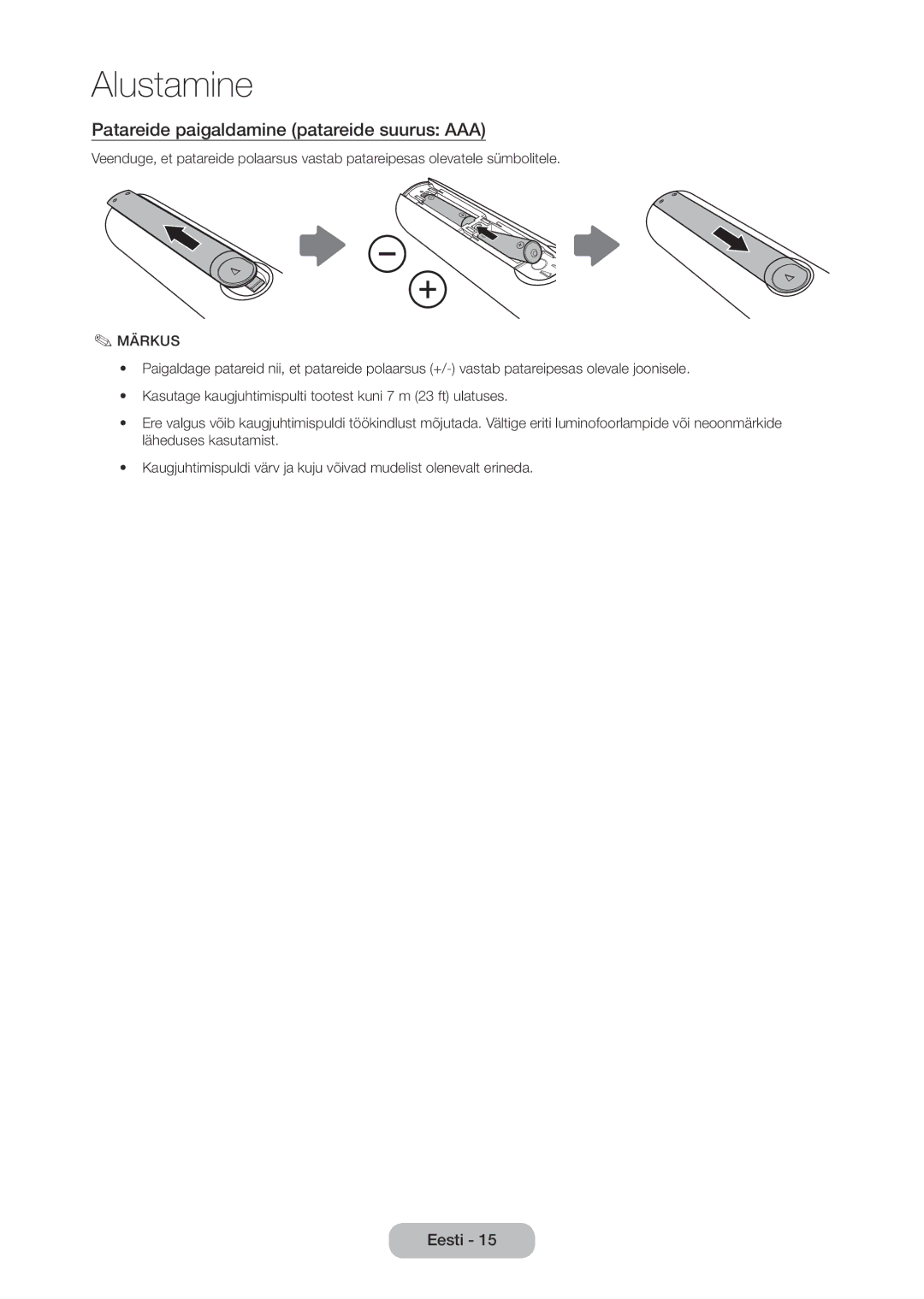 Samsung LT28C570EW/EN manual Patareide paigaldamine patareide suurus AAA, Märkus 